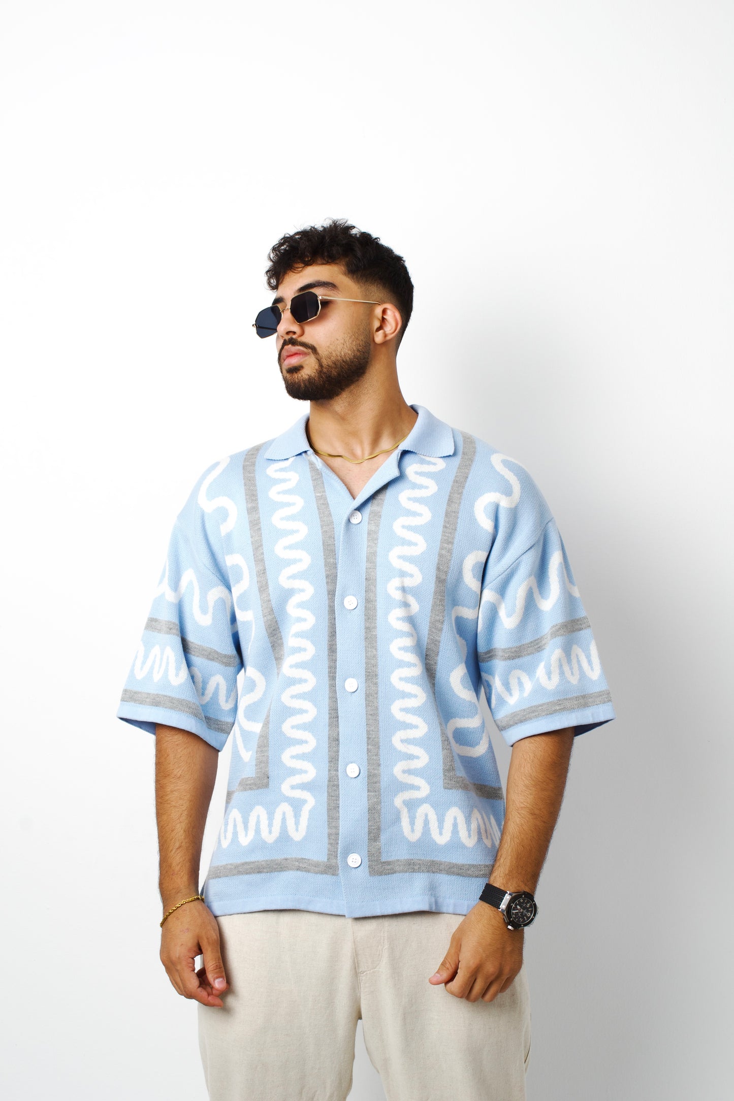 Jacquard Knit Shirt-Sky Blue